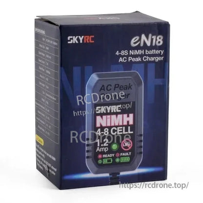 SkyRC eN18 NiMH Peak Charger, SkyRC eN18 NiMH AC peak charger box showing 4–8 cell support, 1A charge rate, and ready/fault LEDs