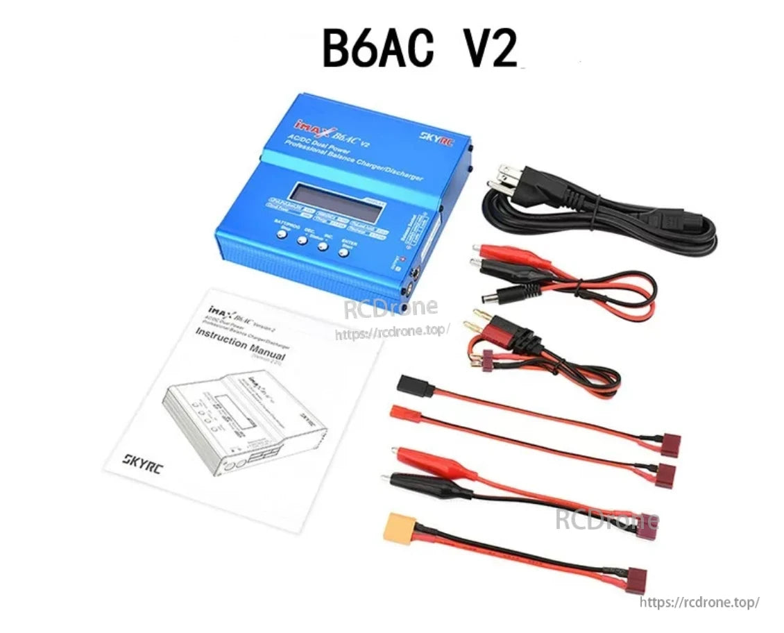 SkyRC iMAX B6AC V2 balance charger kit with AC power cord, charge leads, and instruction manual