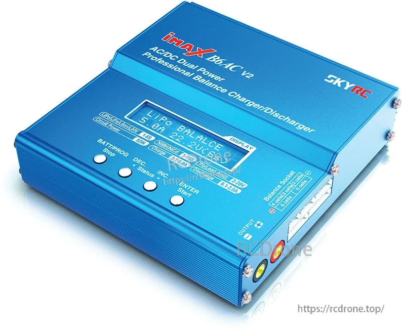 SkyRC iMAX B6AC V2 Balance Charger, SkyRC iMAX B6AC V2 blue balance charger with LCD screen, control buttons, and front output ports