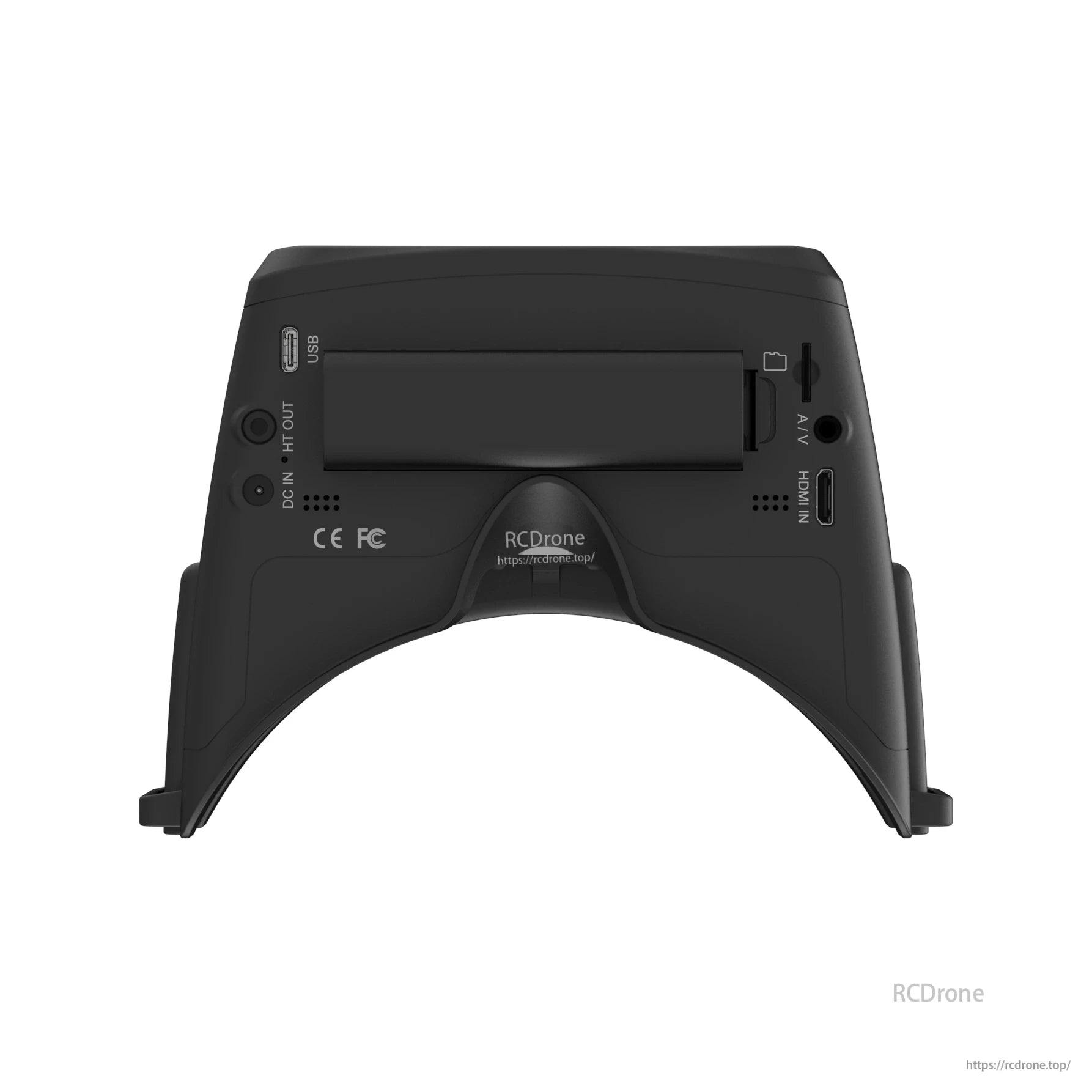 Back panel close-up with labeled ports: DC IN, HDMI OUT, USB, AV IN and audio jack
