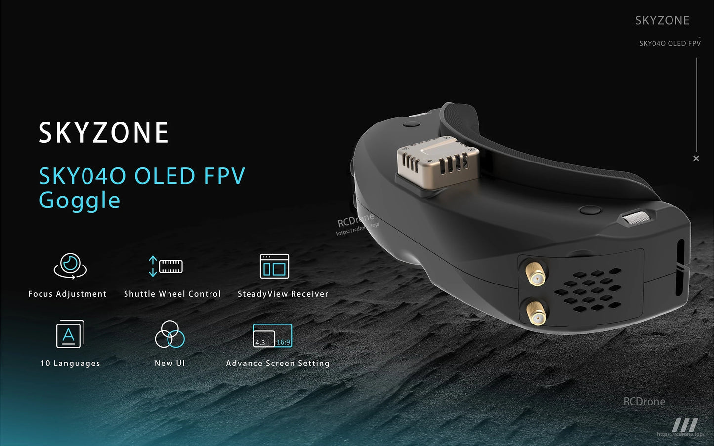 SKY04O OLED FPV goggle feature graphic highlighting focus adjustment, wheel control and receiver