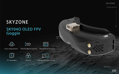 SKY04O OLED FPV goggle feature graphic highlighting focus adjustment, wheel control and receiver