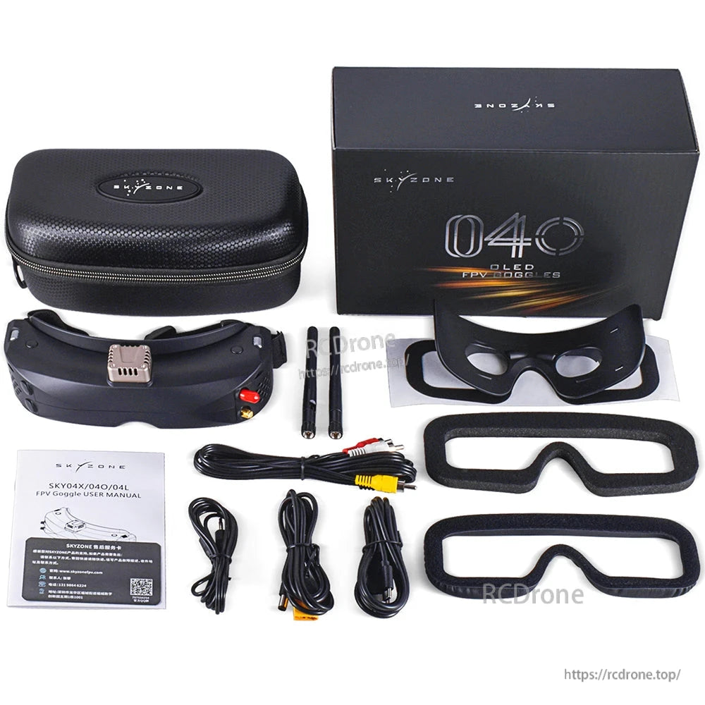 SKY04O goggle kit contents with hard case, box, antennas, faceplates, foam pads, cables and manual