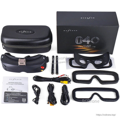 SKY04O goggle kit contents with hard case, box, antennas, faceplates, foam pads, cables and manual