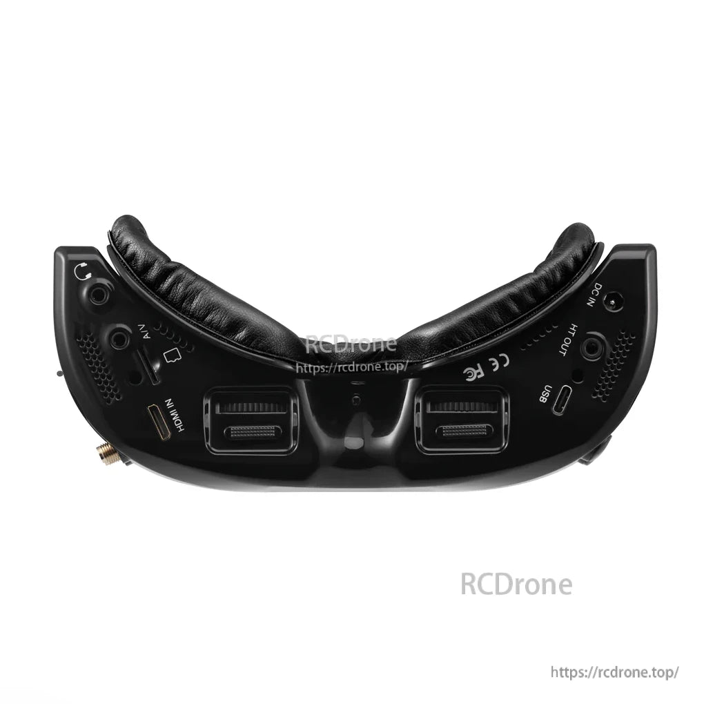 SkyZone SKY04O goggles underside showing DC IN, HDMI, USB-C, AV ports and control buttons