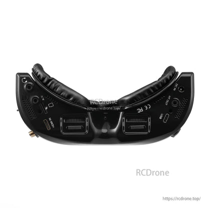 SkyZone SKY04O goggles underside showing DC IN, HDMI, USB-C, AV ports and control buttons