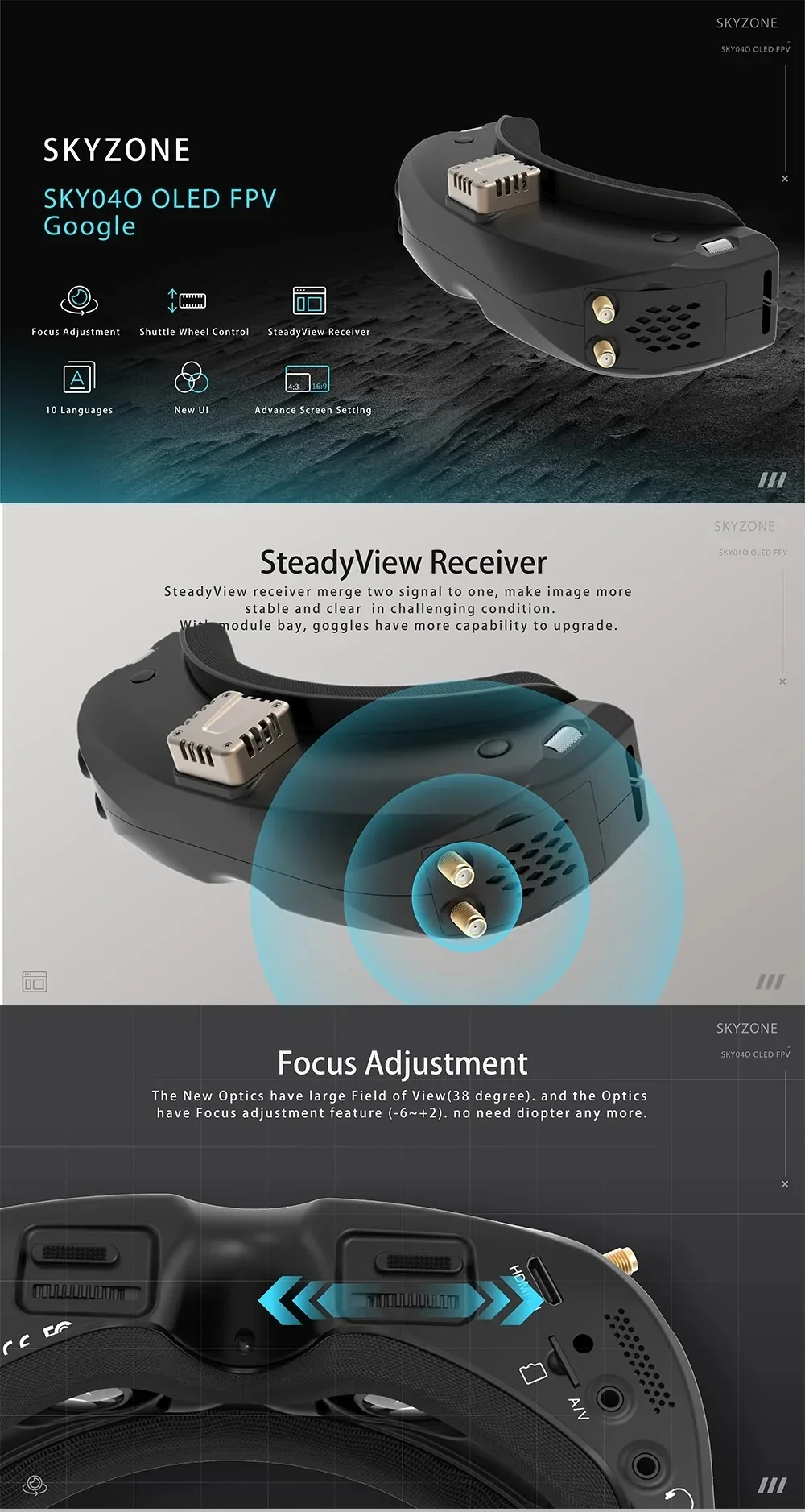 SkyZone SKY04O / SKY04O Pro FPV goggle feature overview with SteadyView receiver and focus adjustment details
