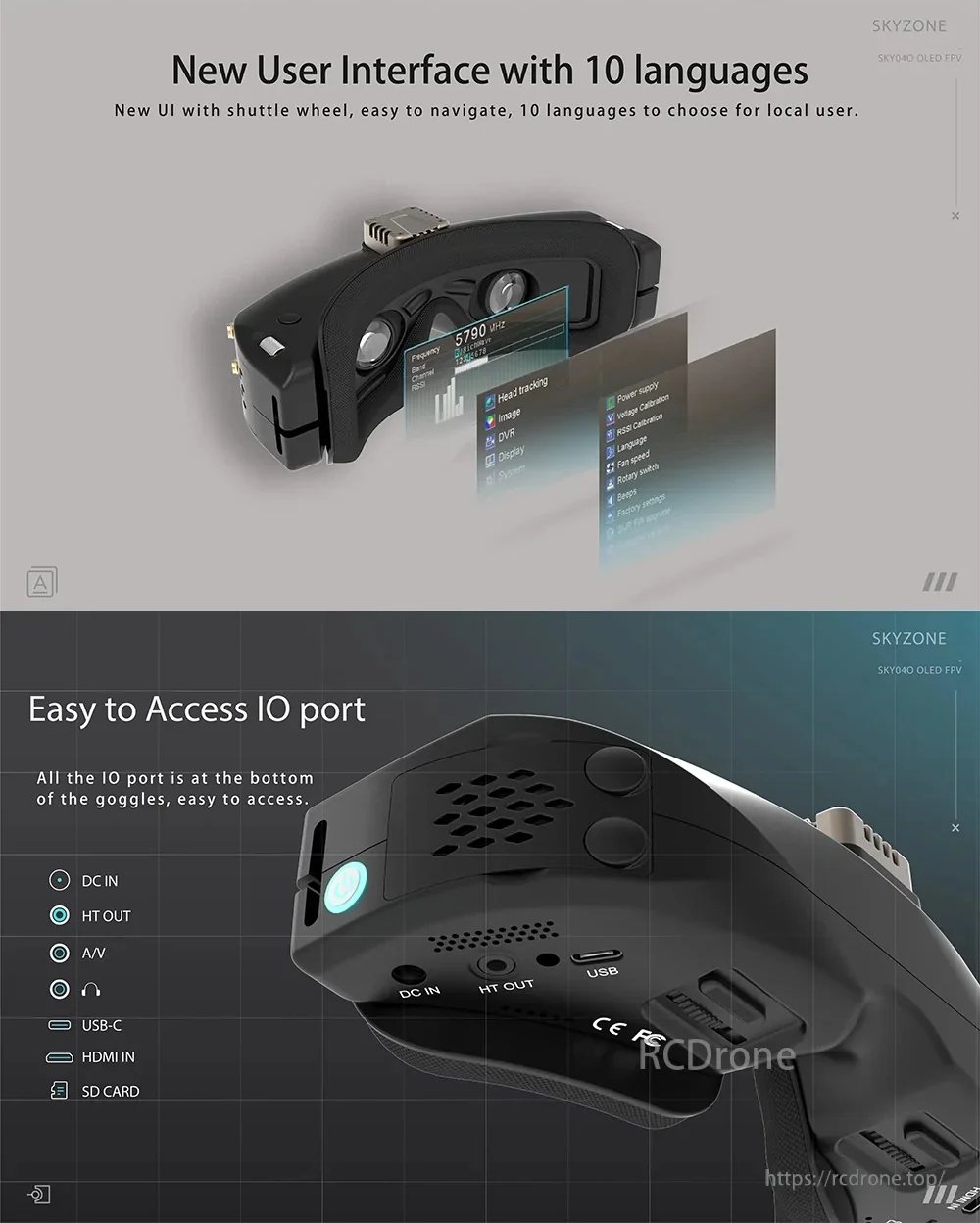 SkyZone FPV goggles interface languages menu and bottom-mounted IO ports: DC in, USB-C, HDMI in, SD card