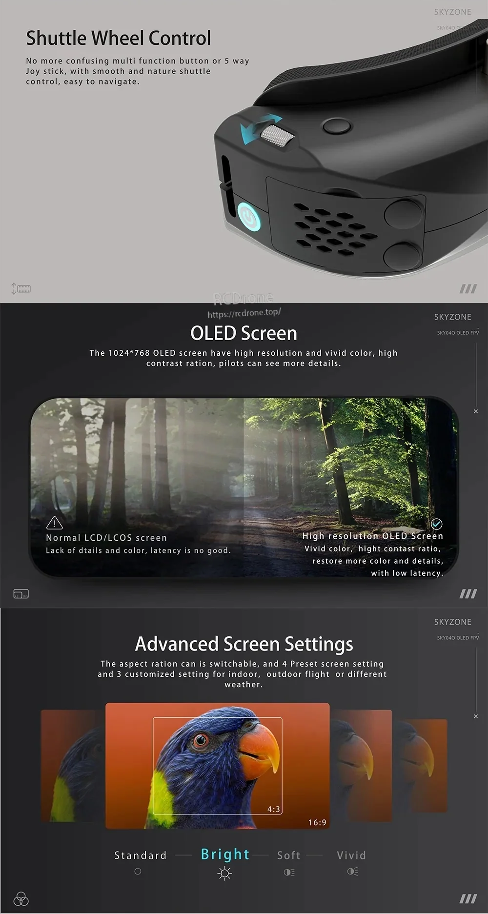 SKY04O series feature graphic highlighting shuttle wheel control, OLED screen detail, and screen mode presets