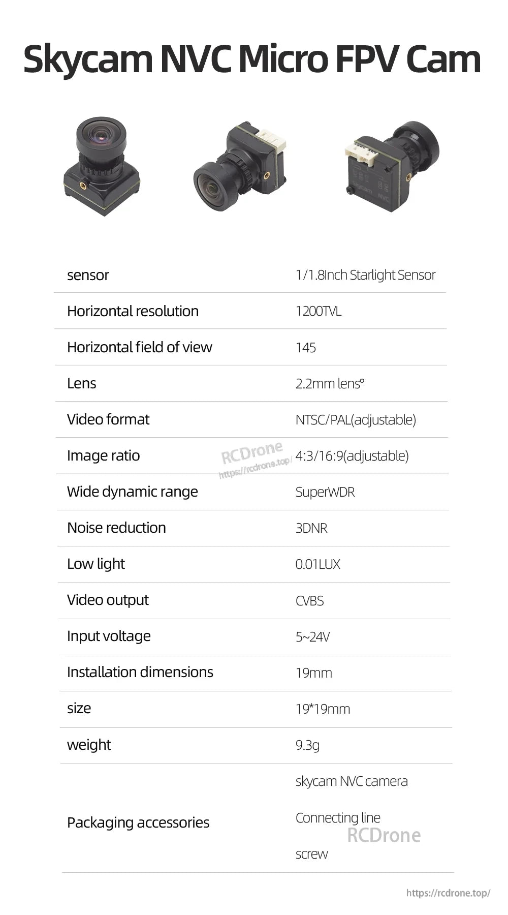 Skycam NVC 1/1.8 Inch Freestyle Micro FPV Camera spec sheet with 19×19mm micro camera views