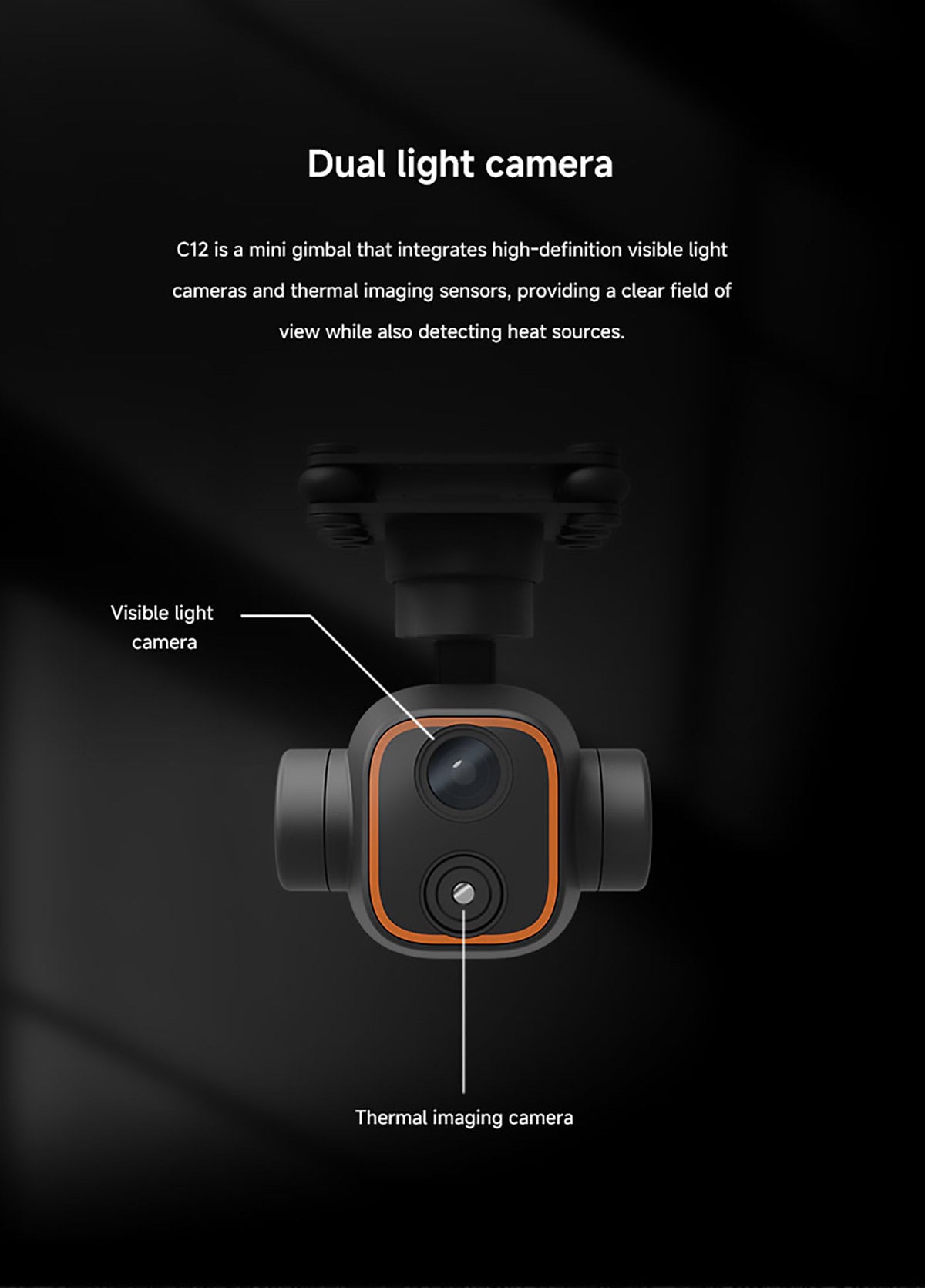 Skydroid C12 Drone Gimbal, Drone gimbal with dual-light camera: 2K HD visible light + thermal imaging sensor for clear visuals & heat detection.