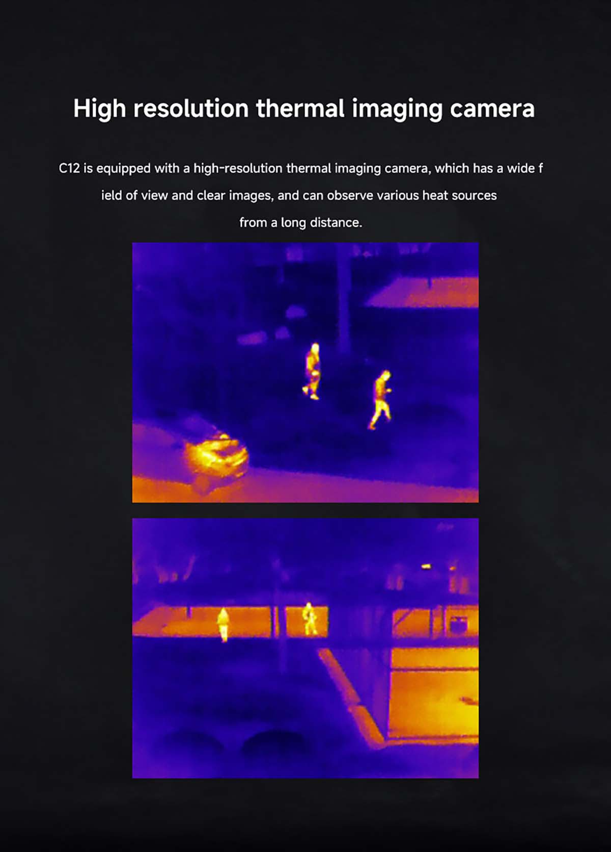 Skydroid C12 Drone Gimbal, Advanced thermal camera with wide-angle view detects heat sources at varying distances.