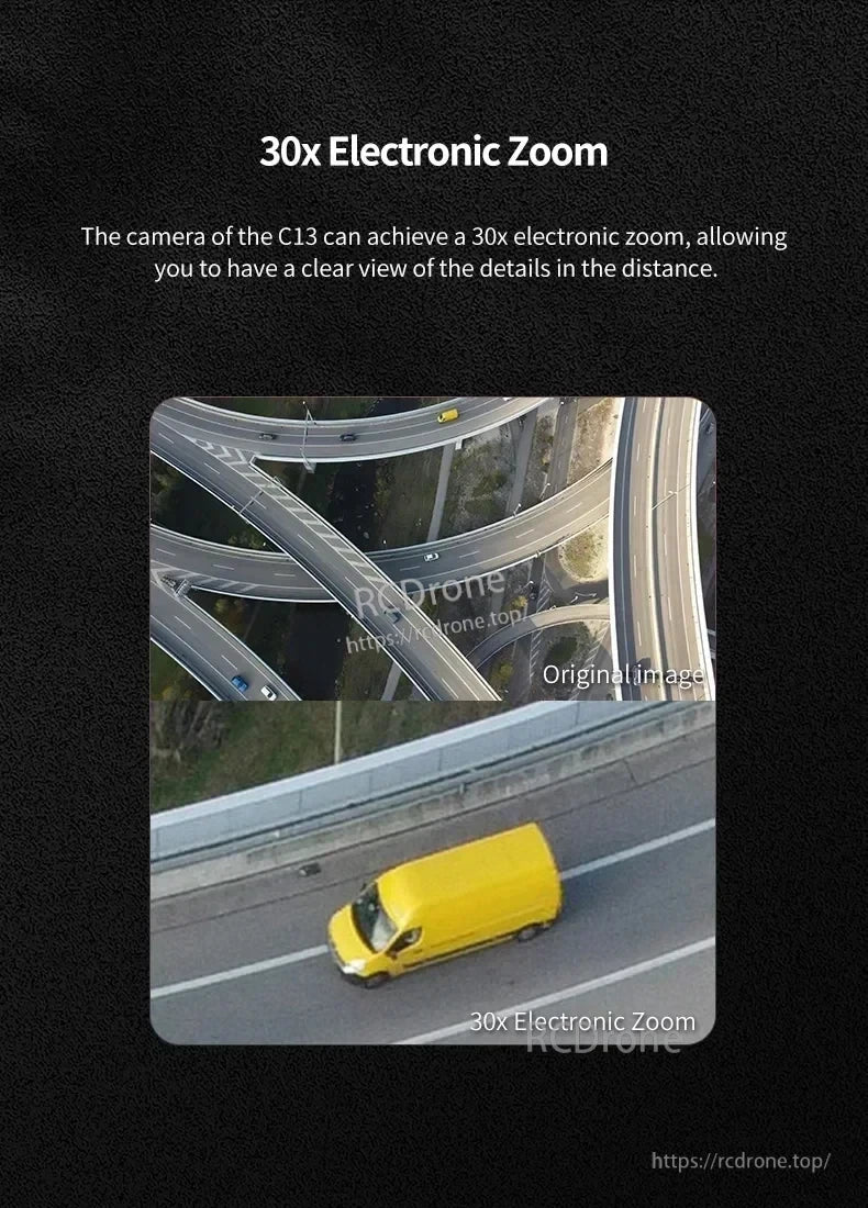 Skydroid C13 Three-Light Drone Gimbal, C13 drone camera provides 30x electronic zoom for sharp long-distance imaging.