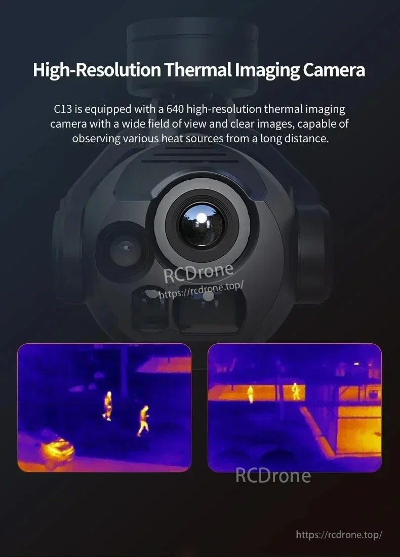 Skydroid C13 Three-Light Drone Gimbal, 640-resolution thermal camera offers wide view, clear imaging, and long-distance heat detection for enhanced visibility and precision.