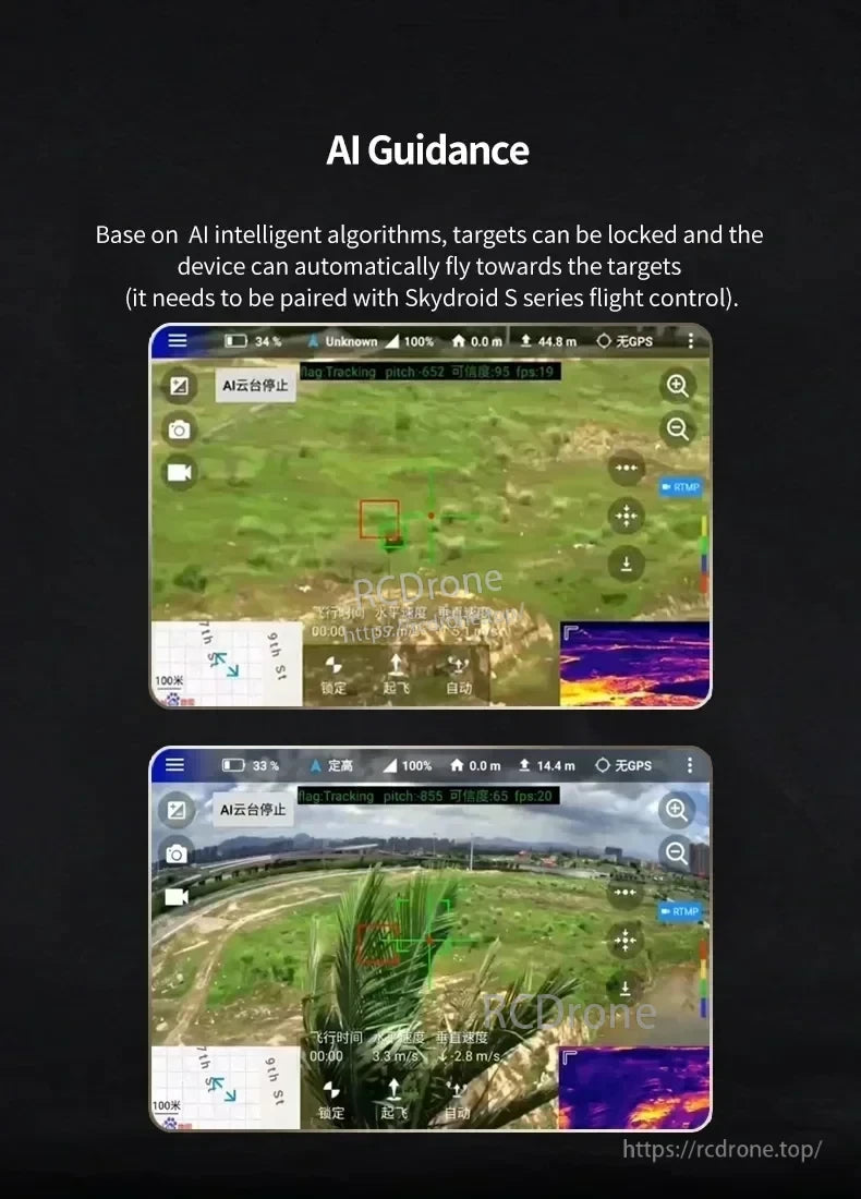 Skydroid C13 Three-Light Drone Gimbal, AI Guidance enables autonomous flight and target locking with Skydroid S series, offering real-time tracking, GPS, altitude, speed, and thermal imaging display.