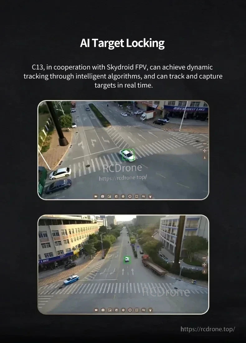 Skydroid C13 Three-Light Drone Gimbal, The C13 drone with Skydroid FPV uses AI for real-time dynamic target tracking and locking during flight.