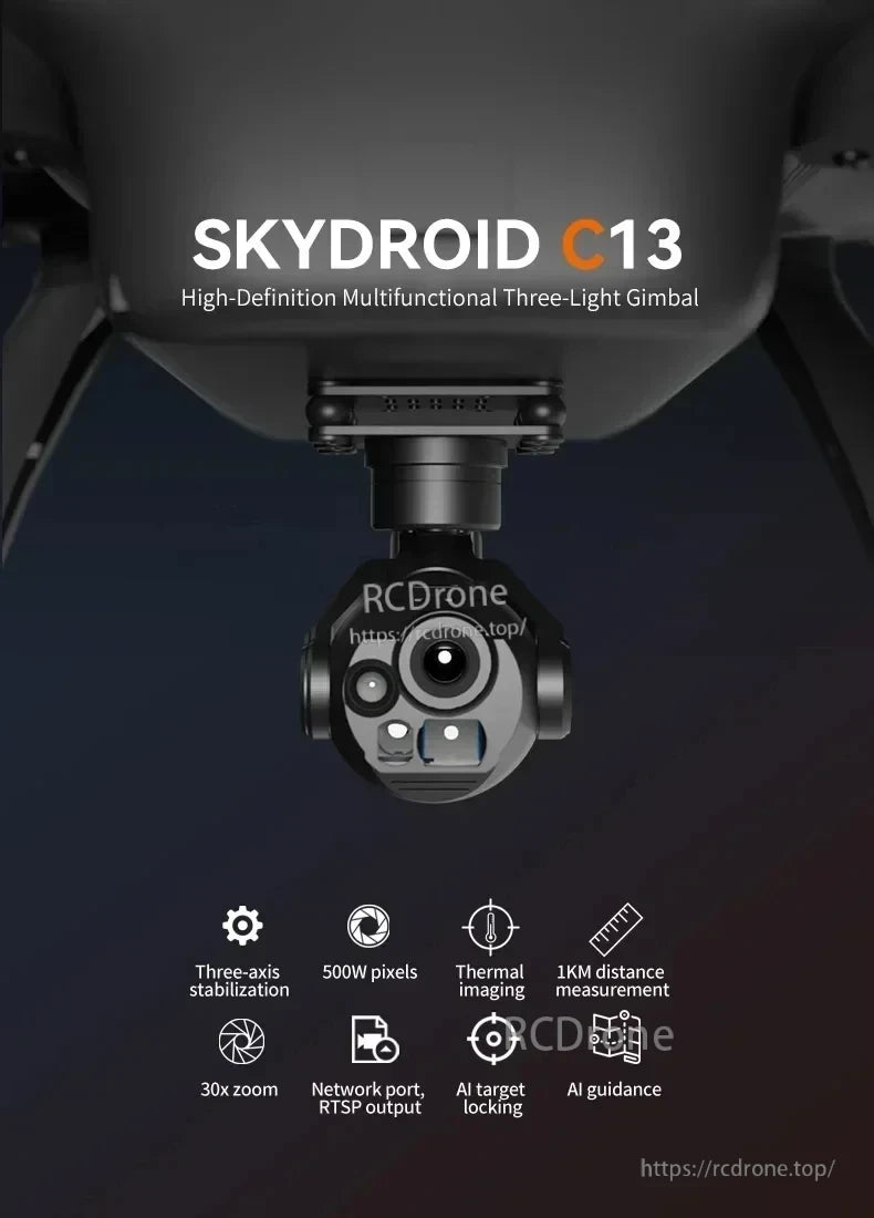 Skydroid C13 Three-Light Drone Gimbal, Skydroid C13 features HD 30x zoom, thermal imaging, AI targeting, and 1KM laser measurement in a multifunctional three-light gimbal.