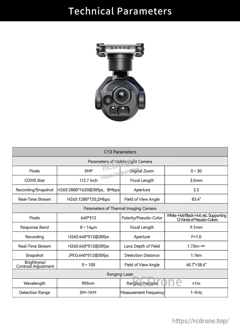 Skydroid C13 Three-Light Drone Gimbal, 5MP camera with 30x zoom, thermal 640×512, 9.1mm lens, 1km range; 905nm laser rangefinder, ±1m accuracy.