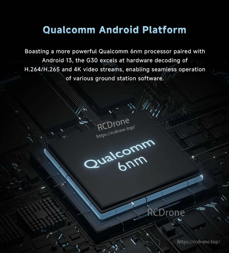 Skydroid G30 Ground Station, 6nm Qualcomm Android 13 platform with H.264/H.265 and 4K decoding for smooth ground station performance.