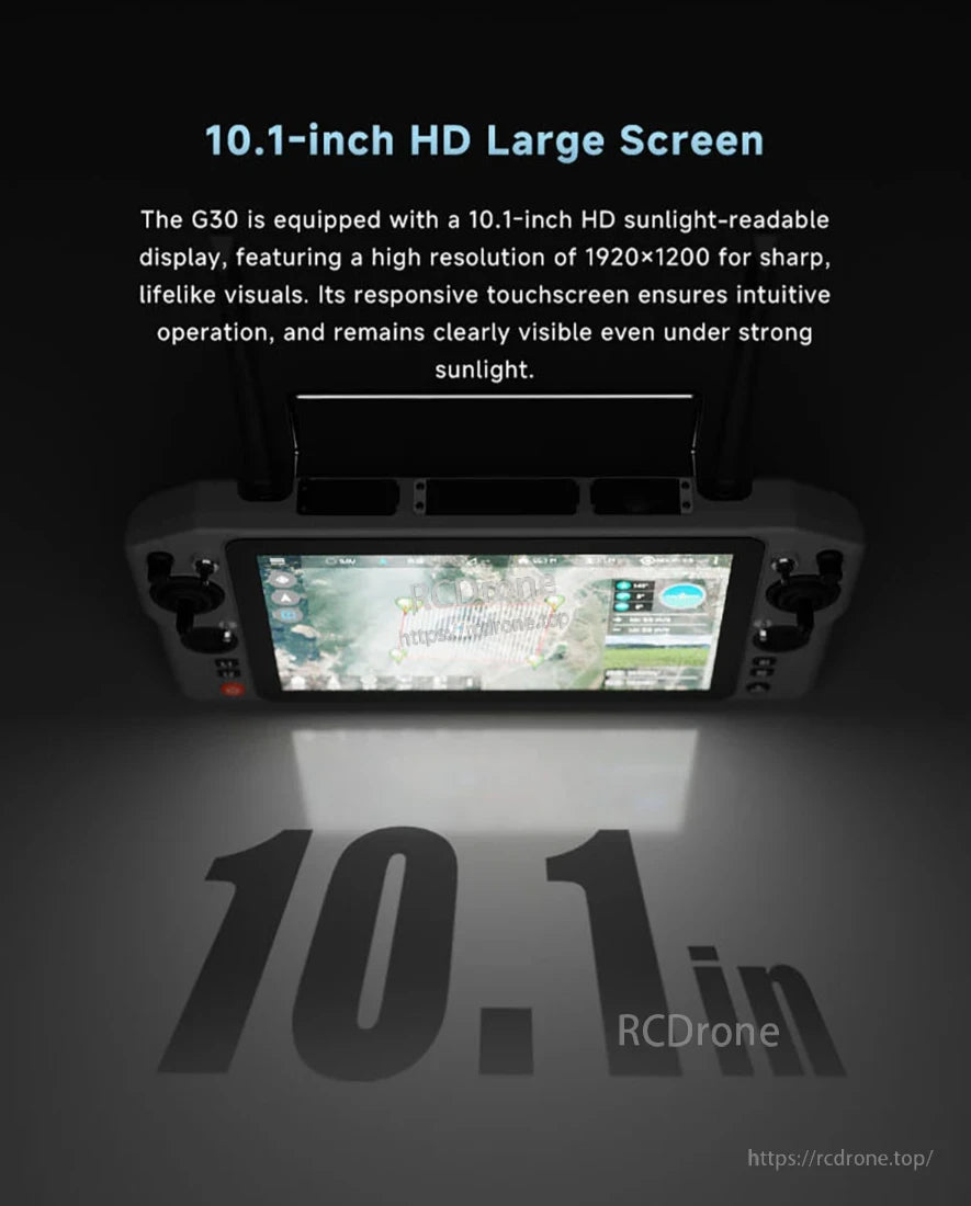 Skydroid G30 Ground Station, 10.1-inch HD screen with 1920×1200 resolution, sunlight-readable, responsive touchscreen, and sharp, clear visuals even in bright light.