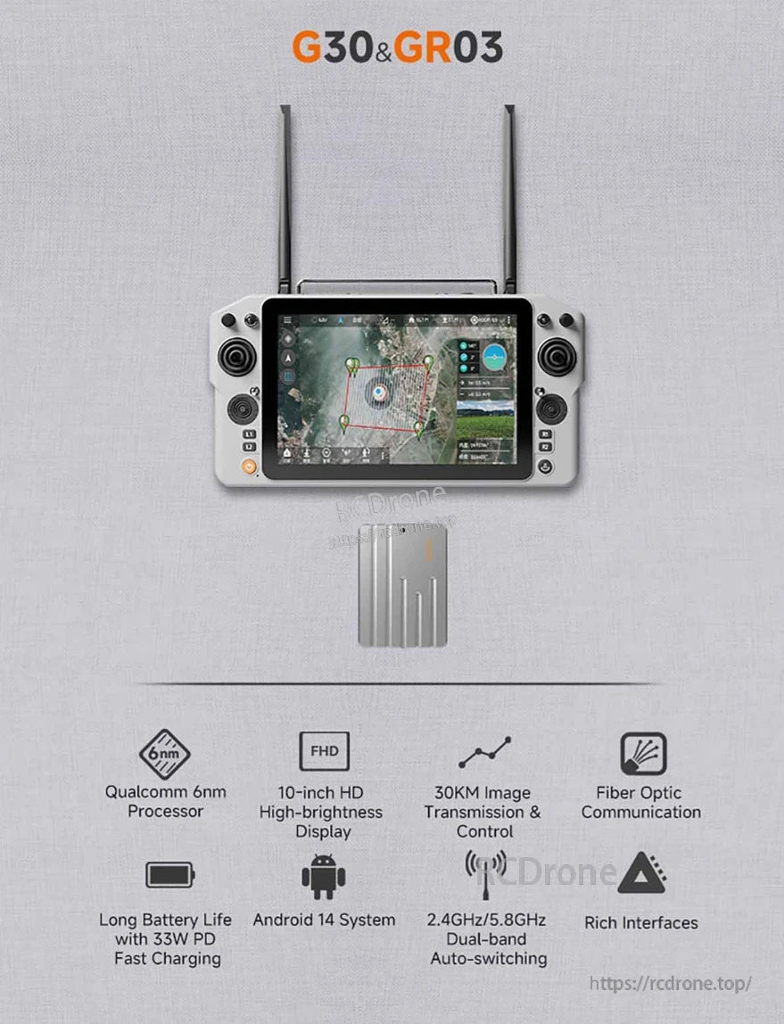 Skydroid G30 Ground Station, 10-inch HD drone with Qualcomm 6nm chip, 30KM range, fiber optic comms, Android 14, dual-band auto-switching, and fast charging.
