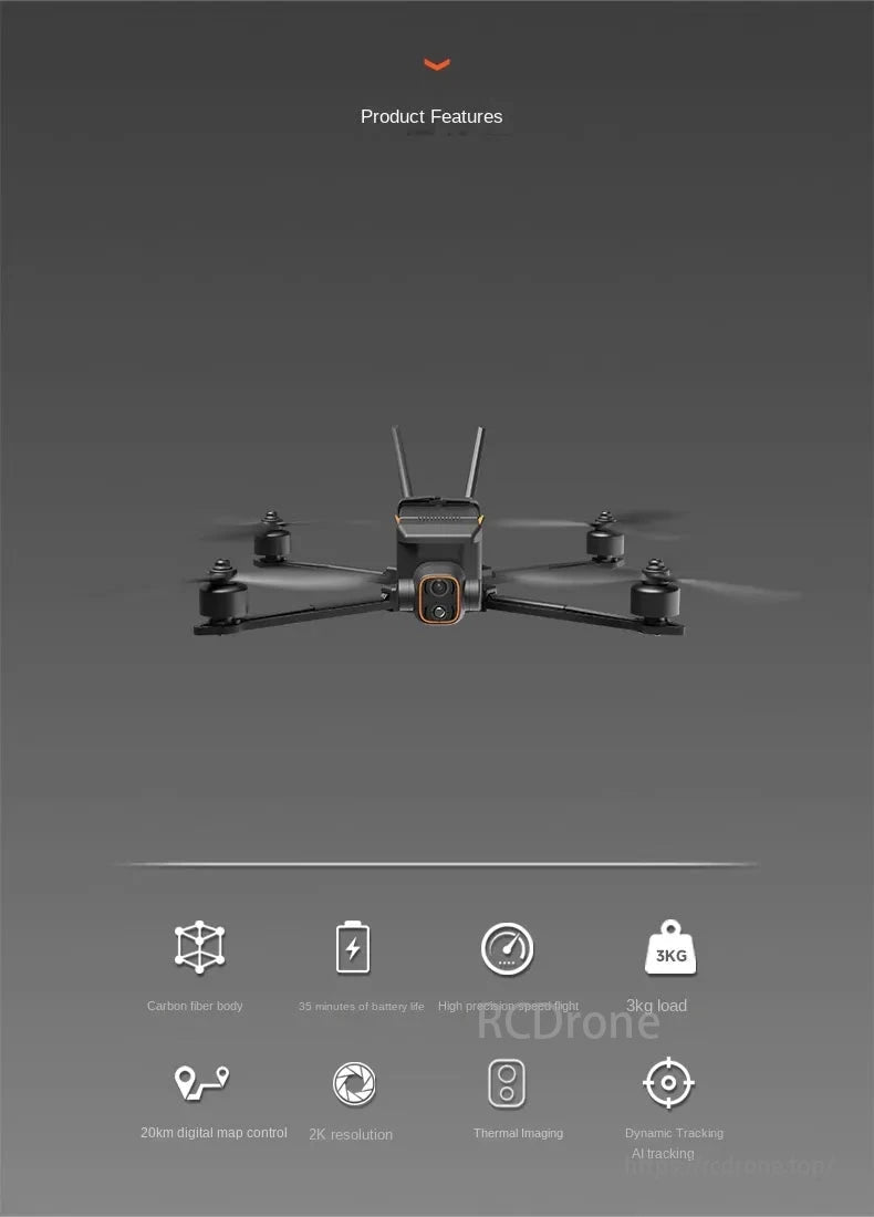 Skydroid MX330 / MX330T AI FPV Drone, The product features a carbon fiber body, 35-minute battery life, high-precision speed flight, 3kg payload, 20km control, 2K resolution, thermal imaging, and AI tracking.
