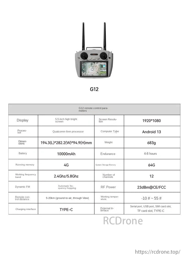 Skydroid MX330 / MX330T AI FPV Drone, G12 remote control boasts a bright screen, Qualcomm processor, Android 13, 10000mAh battery, and 5-20km control range with TYPE-C charging.