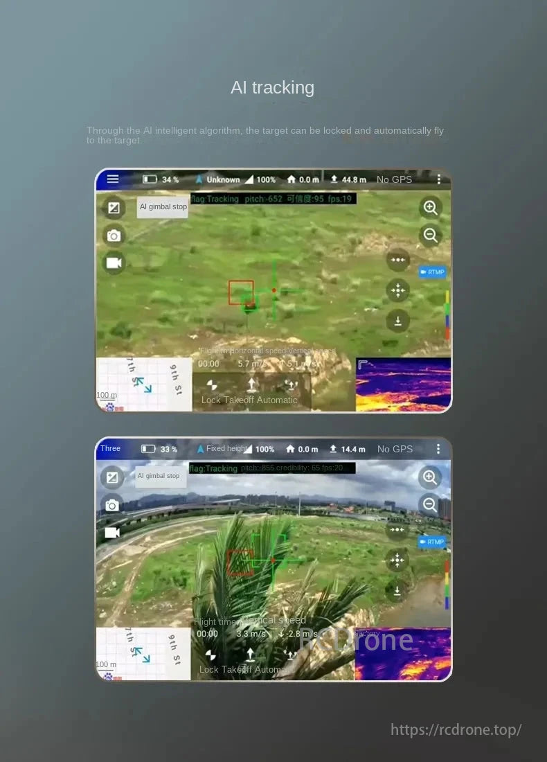 Skydroid MX330 / MX330T AI FPV Drone, AI tracking locks onto targets, displays metrics, and demonstrates real-time object following in diverse scenes.