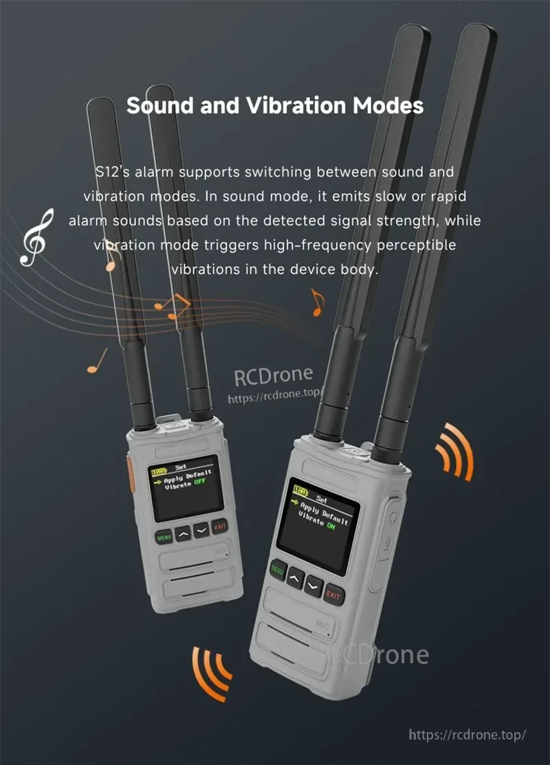 The Skydroid S12 UAV Detector uses sound and vibration alarms, with audio speed varying by signal strength and high-frequency pulses for instant detection feedback.