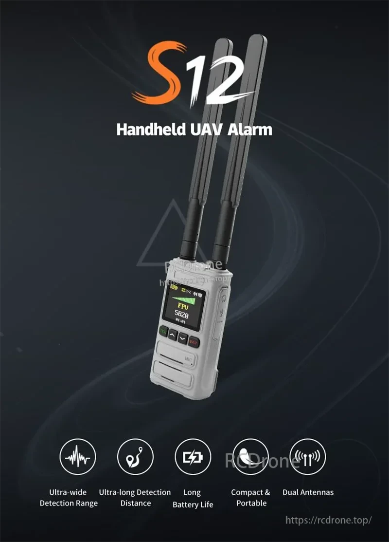 Skydroid S12 UAV Detector, S12 handheld UAV alarm features dual antennas, ultra-wide detection, long battery life, and compact design for efficient drone detection.