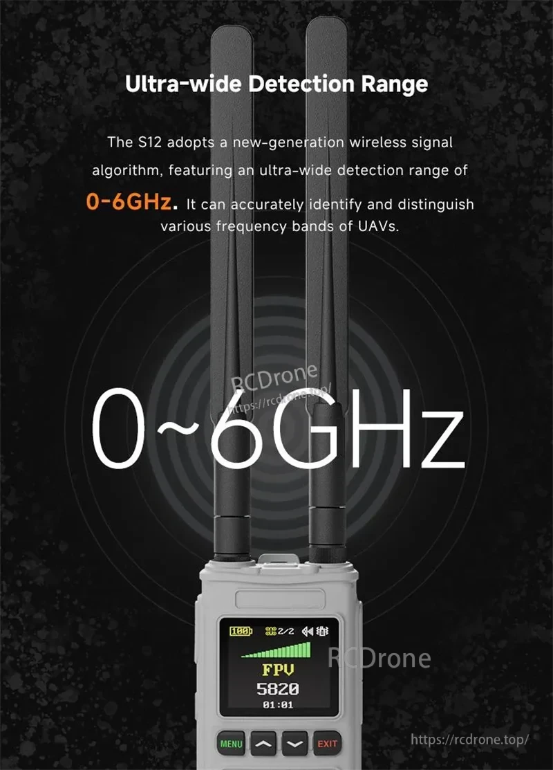 Skydroid S12 UAV Detector covers 0–6GHz, using advanced algorithms to accurately identify and distinguish various drone frequency bands. (24 words)