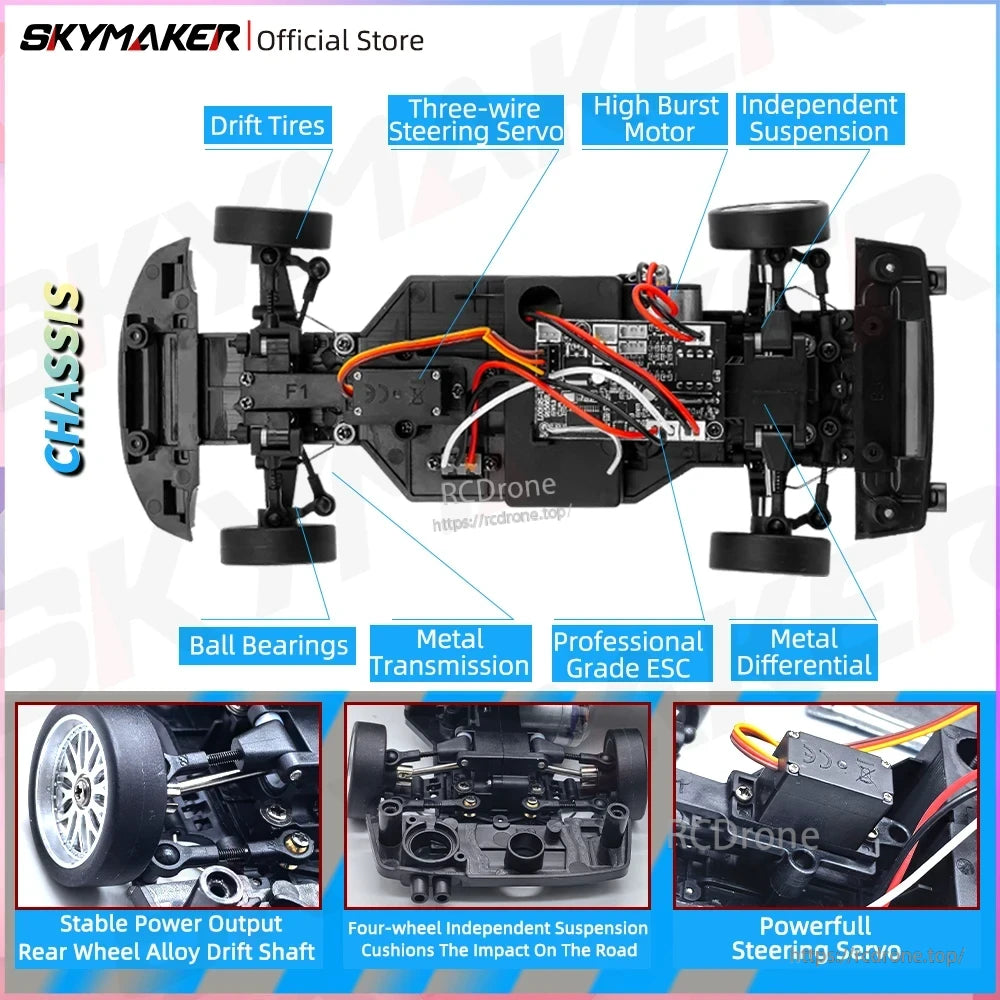 Skymaker LD1899 1/18 RC Drifting Car, Skymaker LD1899 1/18 RC drift car features drift tires, high-torque motor, metal parts, ball bearings, and precise control with stable power and independent suspension.