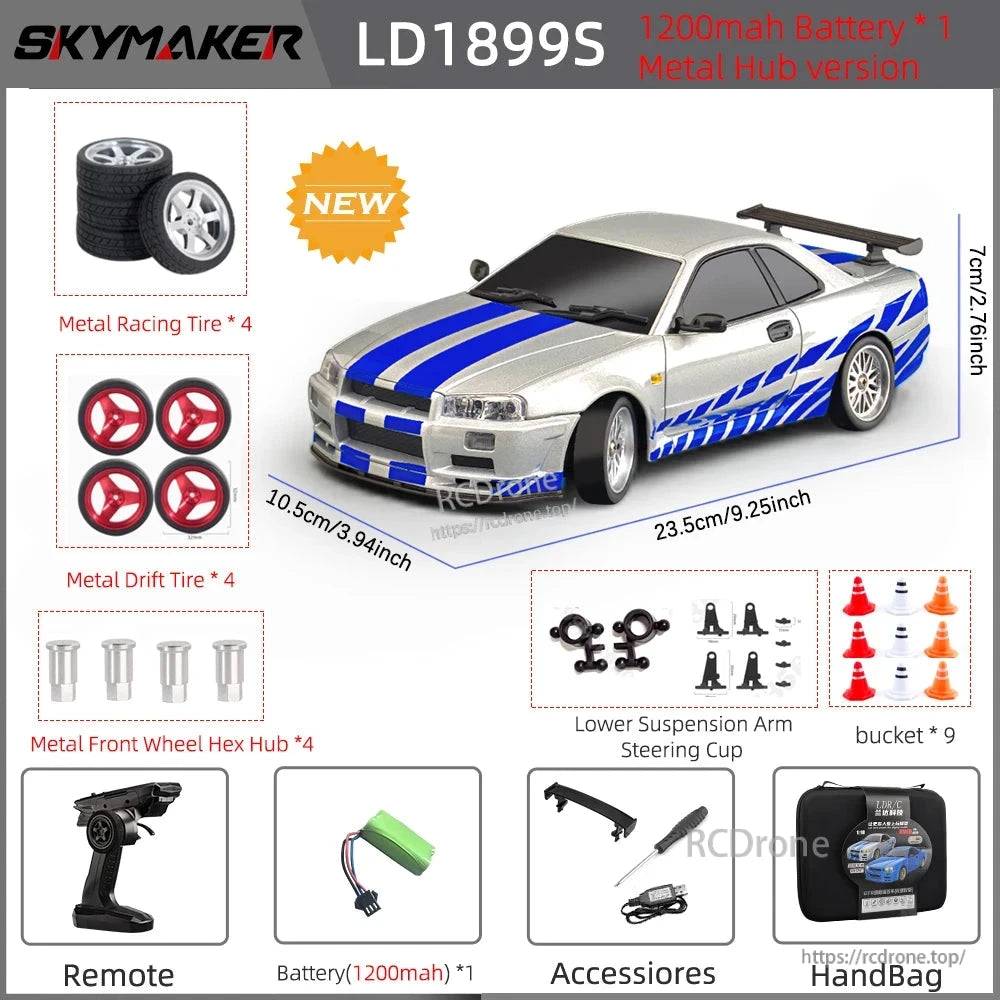 Skymaker LD1899 1/18 RC Drifting Car, Skymaker LD1899S 1/18 RC drift car with metal body, gyroscope, LED lights, 2.4GHz RWD, CE certified, includes battery, remote, accessories, and handbag.
