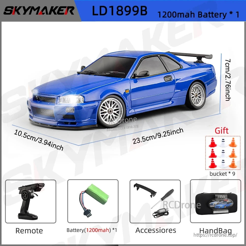 Skymaker LD1899 1/18 RC Drifting Car, Skymaker RC drifting car is a 1/18 scale model of GTR R34 with features like RWD, gyroscope, alloy body, and LED lights.