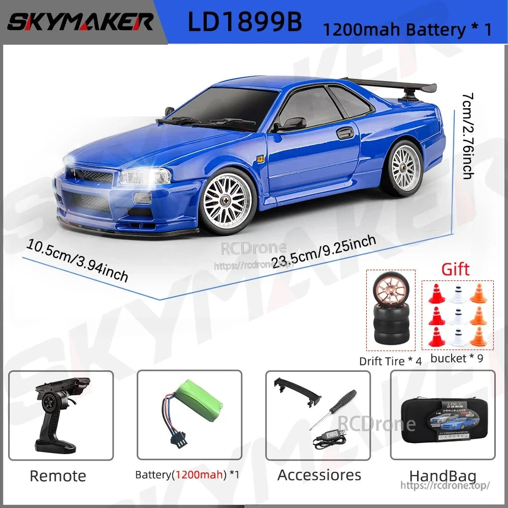 Skymaker LD1899 1/18 RC Drifting Car, Skymaker LD1899B 1/18 scale RC drift car with 2.4GHz remote, RWD, alloy body, LED lights, gyroscope, 7.4V battery, and accessories included. Ready-to-run out of the box.