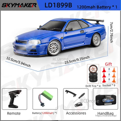 Skymaker LD1899 1/18 RC Drifting Car, Skymaker LD1899B 1/18 scale RC drift car with 2.4GHz remote, RWD, alloy body, LED lights, gyroscope, 7.4V battery, and accessories included. Ready-to-run out of the box.