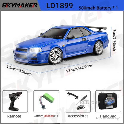 Skymaker LD1899 1/18 RC Drifting Car, Skymaker LD1899 1/18 scale RC GTR R34 car with 2.4GHz, gyroscope, alloy body, LED lights, 7.4V battery; ready-to-go with remote, accessories, and handbag.