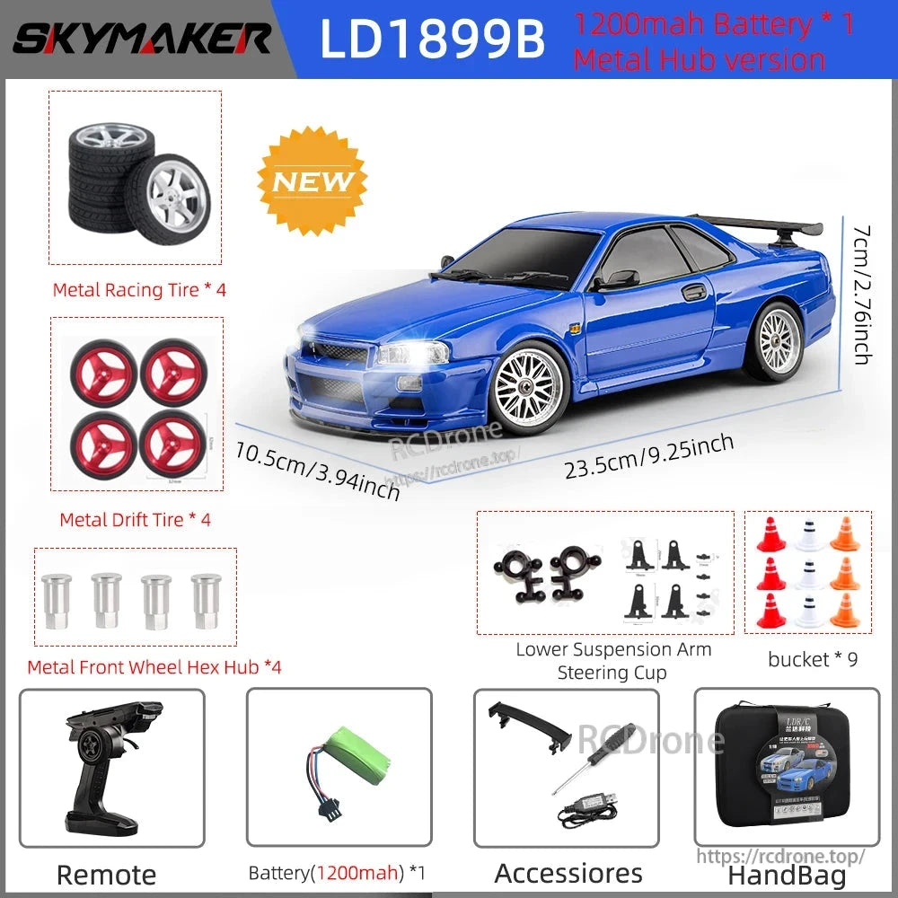 Skymaker LD1899 1/18 RC Drifting Car, Skymaker LD1899B 1/18 blue GTR R34 RC drift car features metal body, LED lights, 2.4GHz RWD control, 7.4V 1200mAh battery, and includes accessories like remote, tires, tools, and carry bag.
