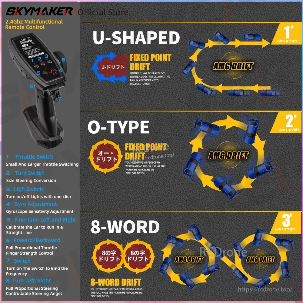 Skymaker LD1899 1/18 RC Drifting Car, RC drifting car with GTR R34 design, 2.4GHz frequency, rear-wheel drive, gyroscope, alloy body, LED lights, and 7.4V battery.