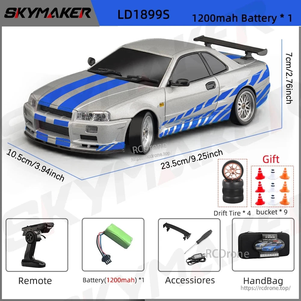 Skymaker LD1899 1/18 RC Drifting Car, Skymaker LD1899S 1/18 scale RC drift car features RWD, alloy body, LED lights, gyroscope, and 7.4V battery. Ready-to-go with remote, accessories, tires, cones, and handbag.