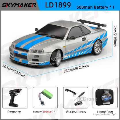 Skymaker LD1899 1/18 RC Drifting Car, Skymaker LD1899 1/18 scale RC GTR R34 car with 2.4GHz remote, gyroscope, alloy body, LED lights, 7.4V battery, CE certified, ready-to-run, includes accessories and carrying bag.