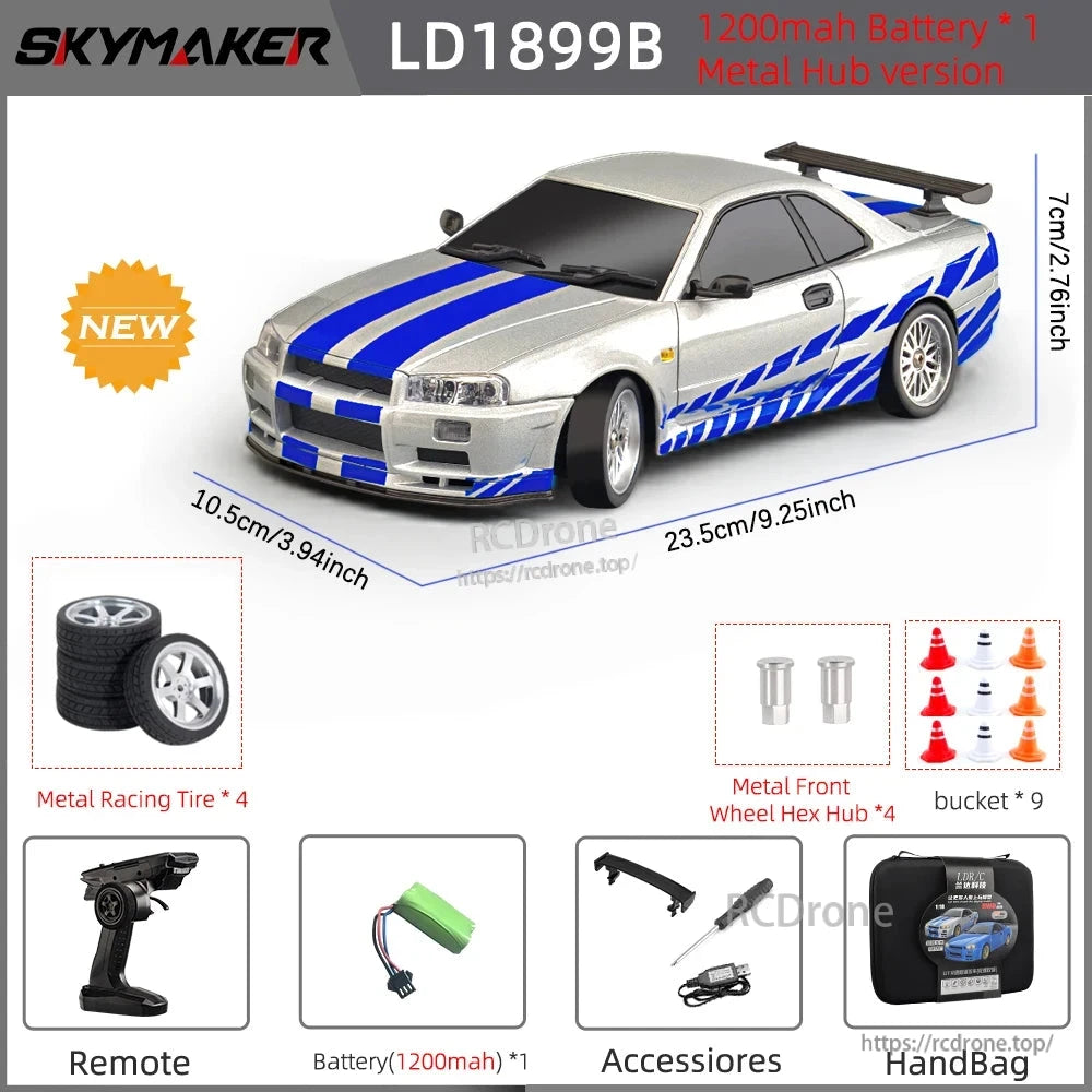 Product title: Skymaker LD1899 1/18 RC Drifting Car GTR R34, 2.4GHz RWD, Gyroscope, Alloy Body Shell, LED, 7.4V, CE, Ready-to-Go. Features include 1200mAh battery, metal hub version, remote control, and accessories.