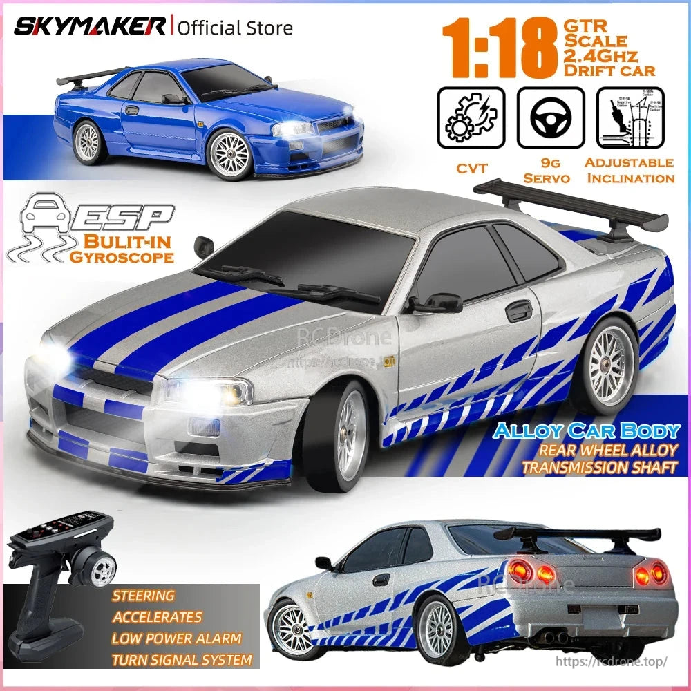 Skymaker LD1899 1/18 RC Drifting Car, 1:18 scale RC GTR R34 drift car with 2.4GHz, rear-wheel drive, ESP gyroscope, LED lights, 7.4V power, CE certified, and full-function remote control—durable alloy build, ready-to-run.