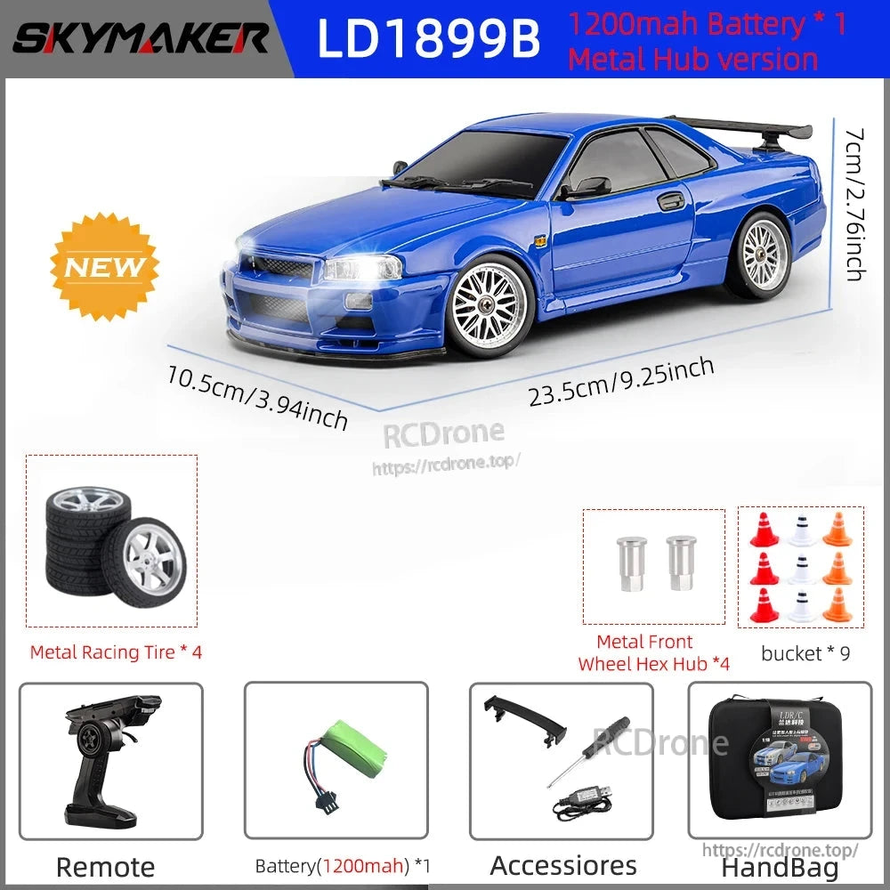 Skymaker LD1899 1/18 RC Drifting Car, Skymaker LD1899B 1/18 scale RC GTR R34 with 2.4GHz RWD, alloy body, LED lights, 7.4V power, battery, accessories, and racing tires. CE certified, ready-to-go.