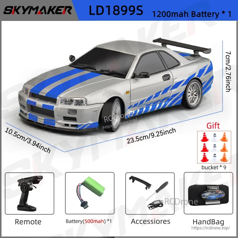 Skymaker LD1899 1/18 RC Drifting Car, Skymaker LD1899S 1/18 scale RC drifting car with 2.4GHz, gyroscope, alloy body, LED lights, 7.4V battery. Ready-to-go with remote, accessories, and 9 cones included.