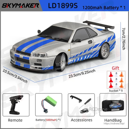 Skymaker LD1899 1/18 RC Drifting Car, Skymaker LD1899S 1/18 scale RC drifting car with 2.4GHz, gyroscope, alloy body, LED lights, 7.4V battery. Ready-to-go with remote, accessories, and 9 cones included.