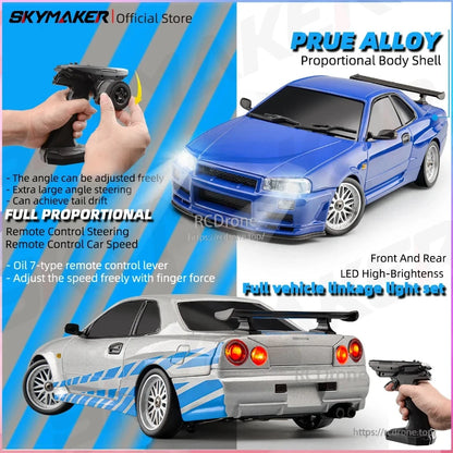 Skymaker LD1899 1/18 RC Drifting Car, A Skymaker LD1899 RC drifting car features a 2.4GHz RWD, gyroscope, alloy body shell, LED lights, and a 7.4V battery.