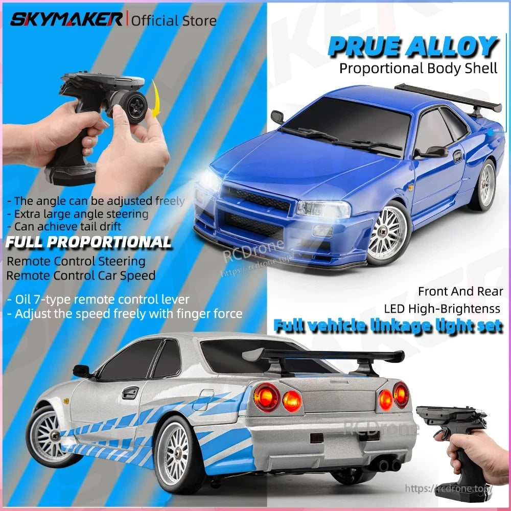 The Skymaker LD1899 1/18 RC drifting car features a proportional alloy body, full linkage lights, 7-channel oil remote, adjustable steering, and bright LEDs for realistic performance. (24 words)
