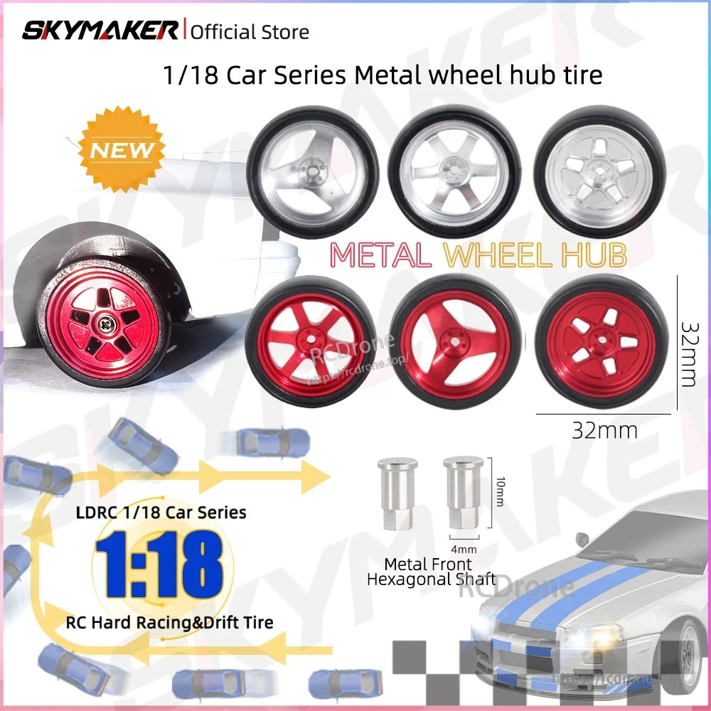 Skymaker LD1899 1/18 RC Drifting Car, Skymaker 1/18 RC car metal wheel hub with red and silver 32mm hexagonal shaft tire, designed for hard racing and drifting performance.