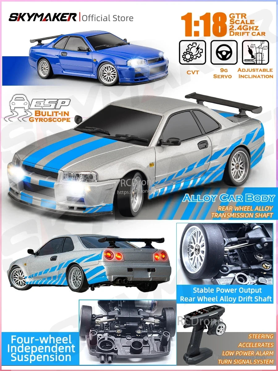 Skymaker LD1899 1/18 RC Drifting Car, Skymaker’s 1:18 GTR drift car features precise engineering, 2.4GHz control, CVT, alloy parts, and realistic details for high-performance indoor/outdoor drifting. Ideal for hobbyists and collectors.
